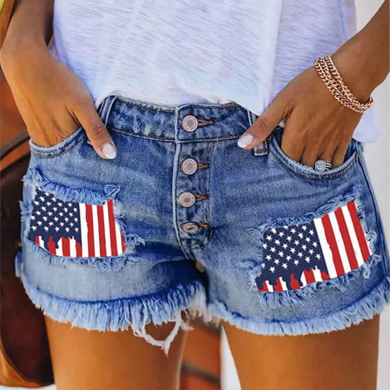 Flag Print Button Front Ripped Denim Shorts  |   Shorts Clothing Blue A