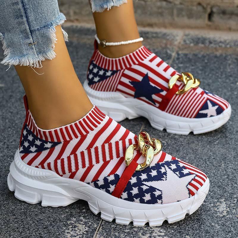 Flag Print Platform Round Toe Braid Sneakers With Chain  |   Sneakers Shoes Multicolor