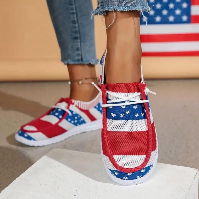 Flag Print Platform Round Toe Lace-Up Braid Sneakers  |   Sneakers Shoes A