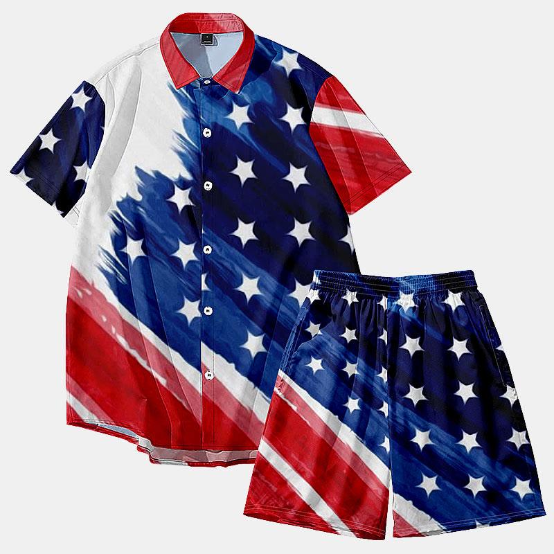 Flag Stars Print Short Sleeve Shirt Shorts Set  |   Shorts Clothing Set