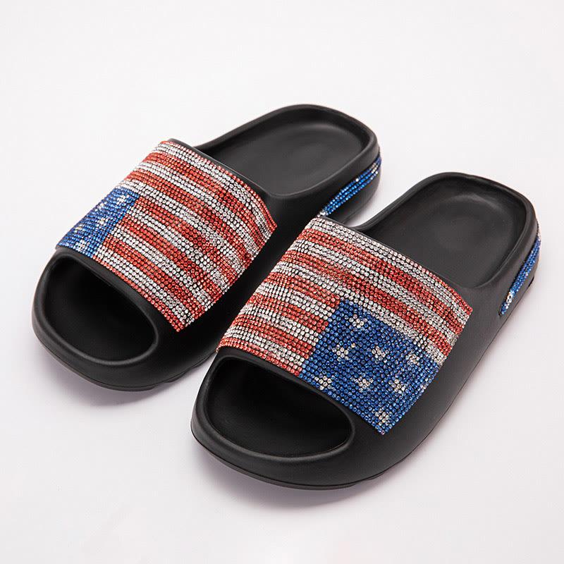 Flag Stars Rhinestones Print Flat Round Toe Slippers  |   Slippers Shoes Black