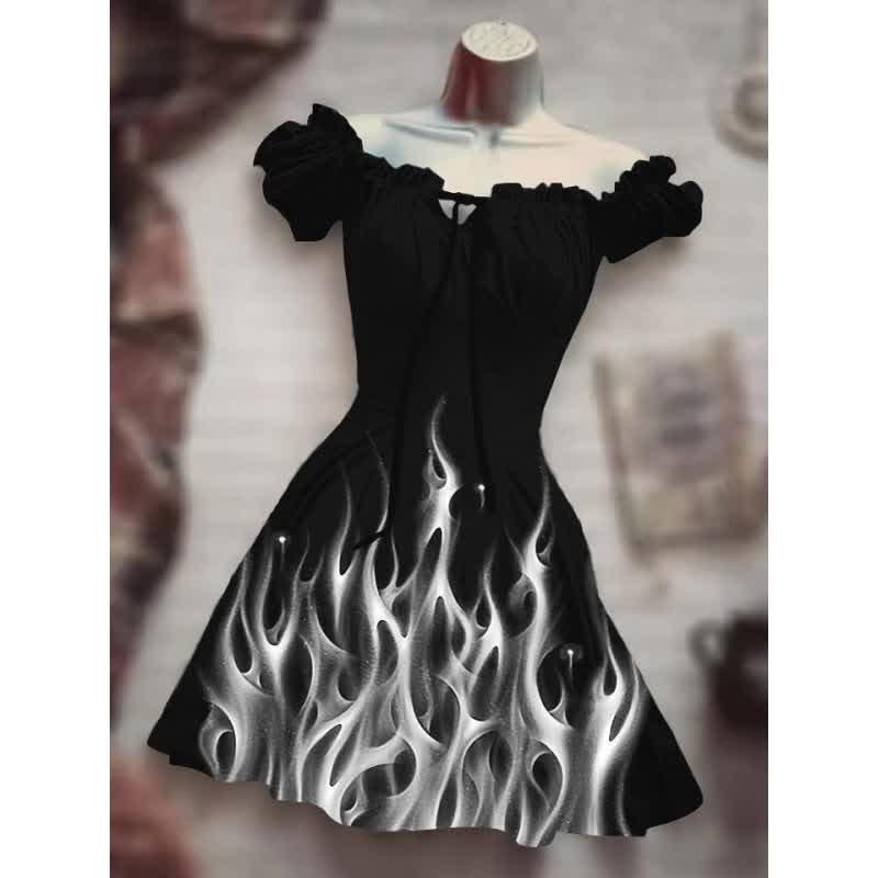 Flame Skeleton Print Off The Shoulder Puff Sleeve Dress  |   Dresses Clothing A