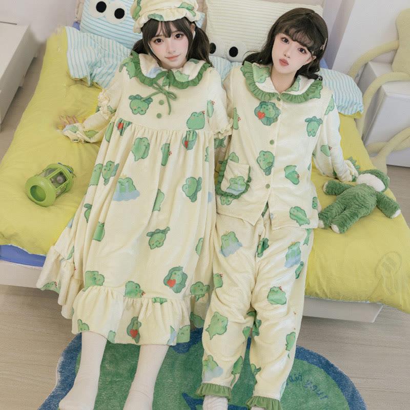 Flannel Frog Print Loose Pajamas  |   Pajamas Clothing Dress