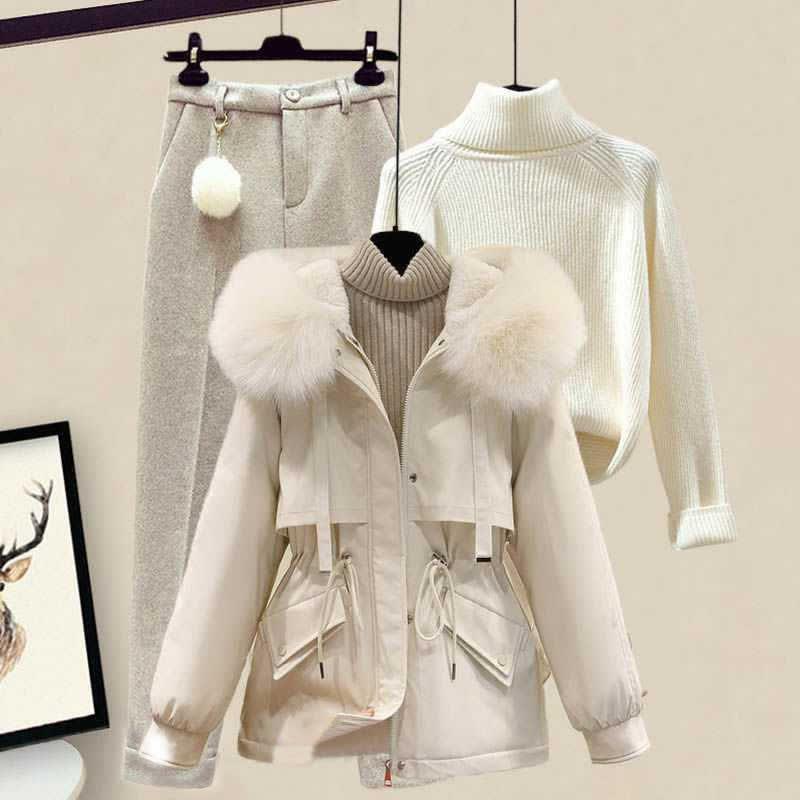 Fleece Hooded Coat Turtleneck Sweater Casual Pants Three Pieces  |   Sweater Clothing Apricot Coat