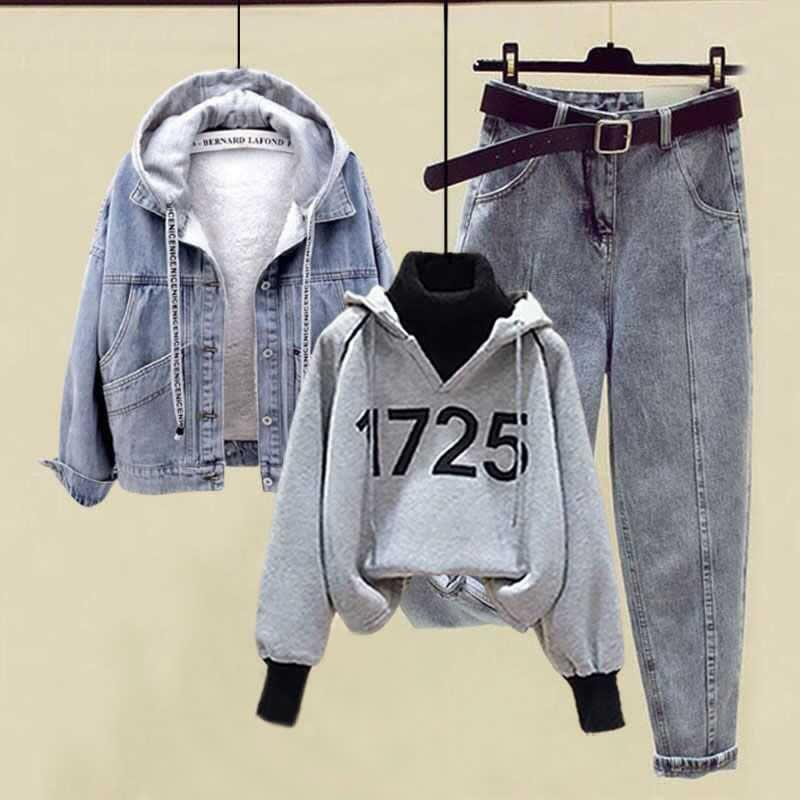 Fleece Hooded Denim Coat Number Print Plush Hoodie Pants Three Pieces Set  |   Sweatshirts & Hoodies Clothing Blue Coat