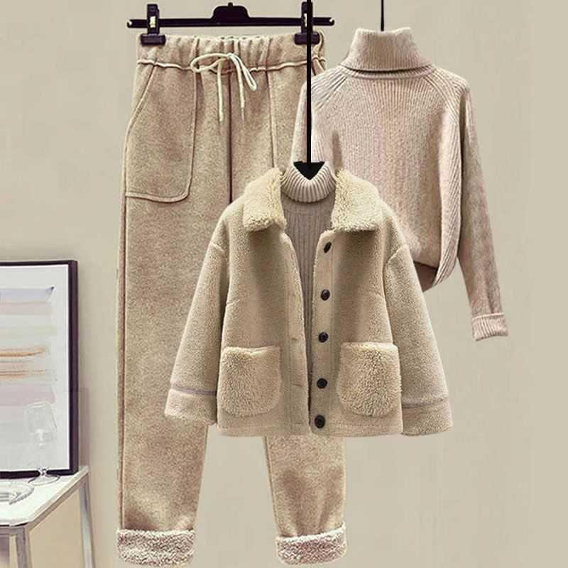 Fleece Pocket Coat Turtleneck Sweater Plush Pants Three Pieces Set  |   Sweater Clothing 2 Pieces A