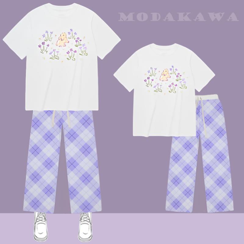 Floral And Rabbit Prints Pattern T-Shirt Plaid Casual Pants  |   Pants Clothing Pants