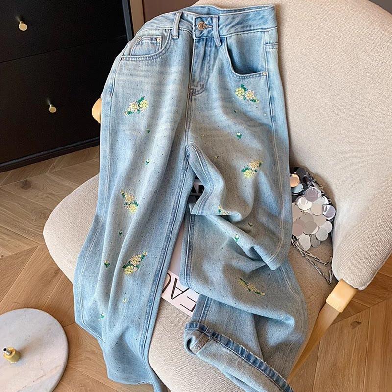 Floral Embroidery Washed Straight-Leg Pants  |   Pants Clothing Blue