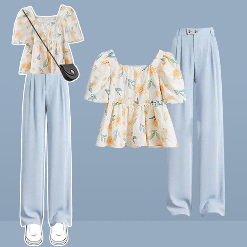 Floral Print Blouse Casual Pants Two Pieces  |   Pants Clothing Blouse