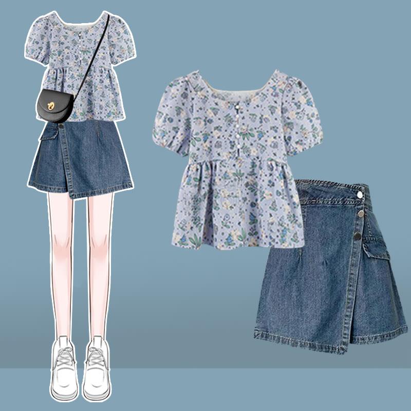 Floral Print Blouse Denim Pantskirt Two Pieces  |   T-Shirts Clothing Blouse