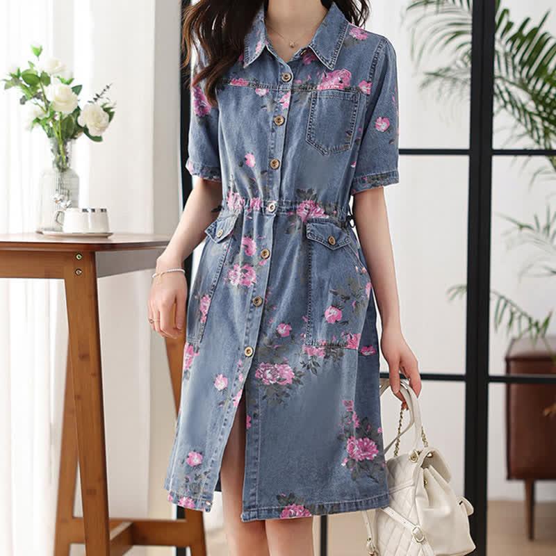 Floral Print Drawstring Lapel Denim Dress  |   Dresses Clothing Blue