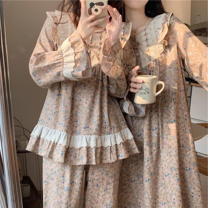 Floral Print Lace Round Collar Long Sleeve Pajamas Set  |   Pajamas Clothing Dress