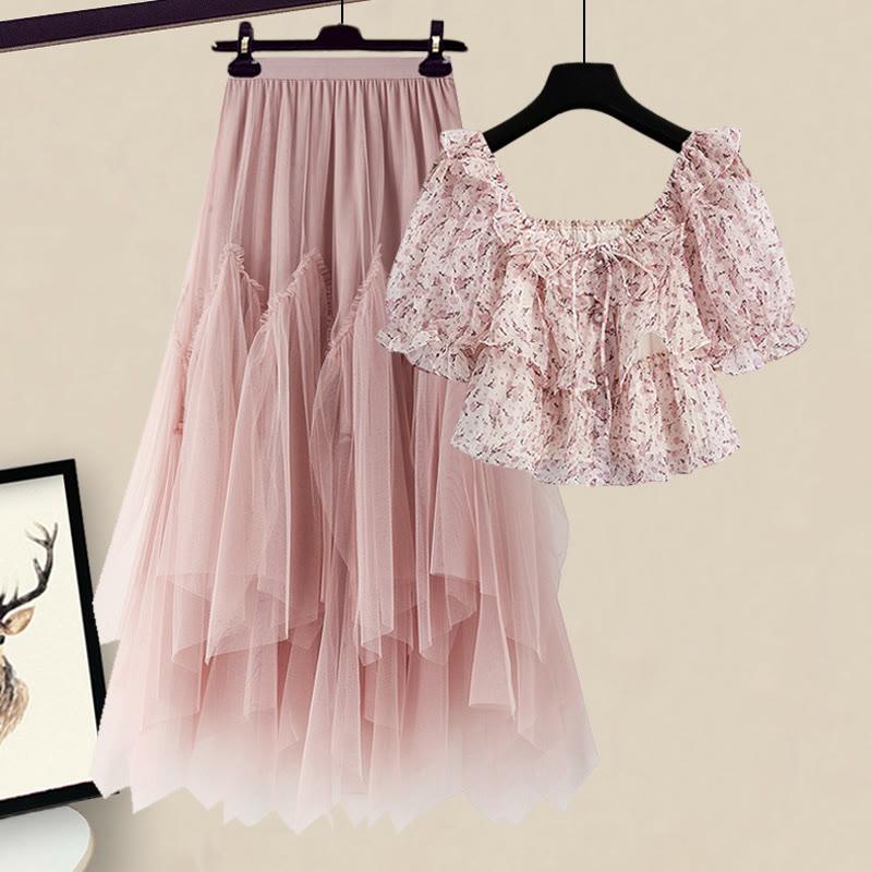 Floral Print Lace-Up Blouse Tulle Skirt Two Pieces  |   Skirts Clothing Blouse