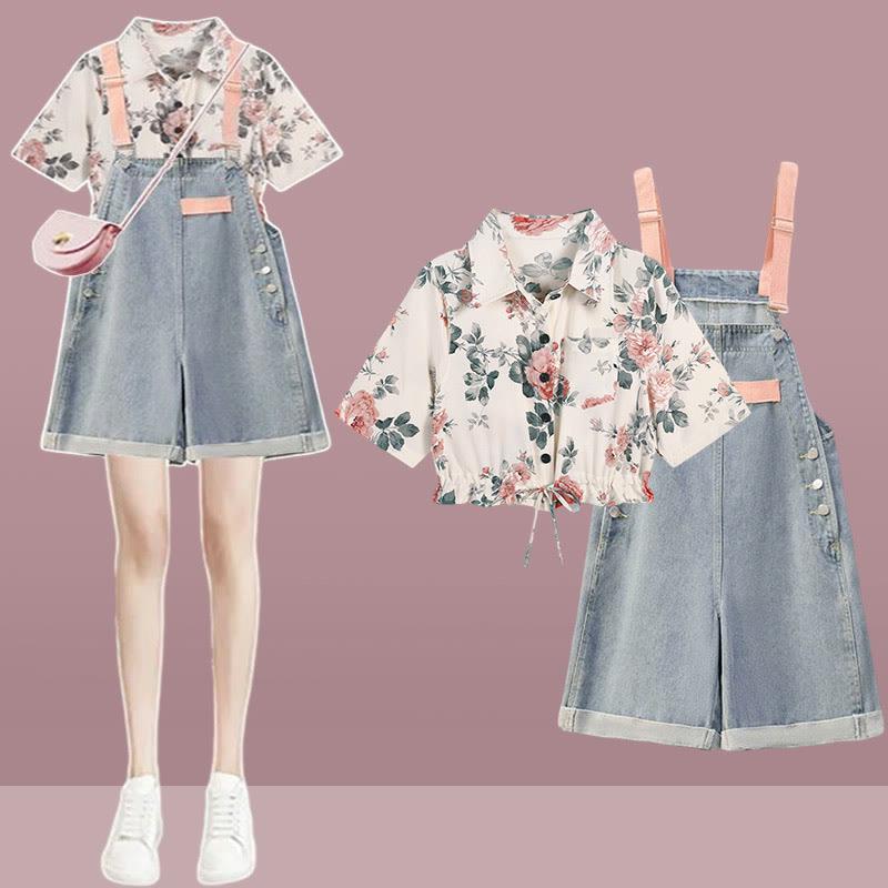 Floral Print Lace-Up Shirt Denim Overalls Two Pieces  |   T-Shirts Clothing Overalls