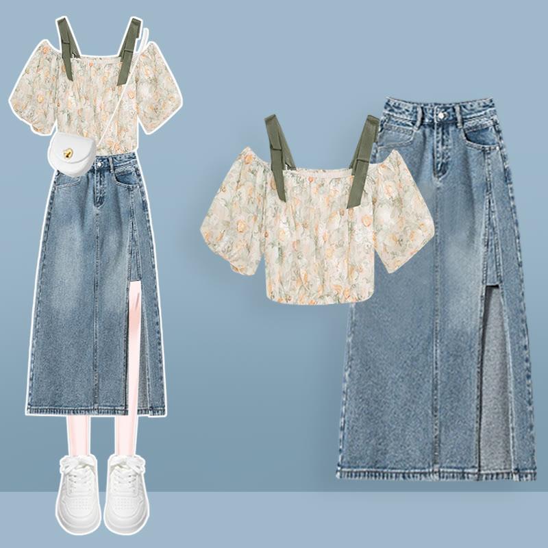 Floral Print Off The Shoulder Blouse High Waist Denim Skirt Two Pieces  |   Skirts Clothing Blouse