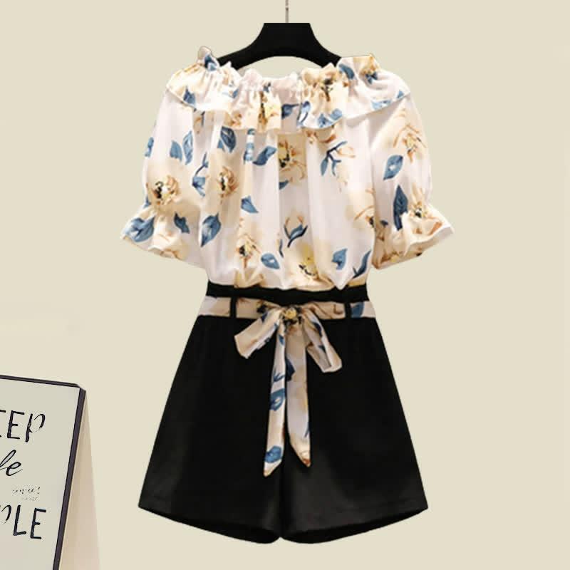 Floral Print Off The Shoulder Chiffon T-Shirt Shorts Two Pieces Set  |   T-Shirts Clothing Black Shorts