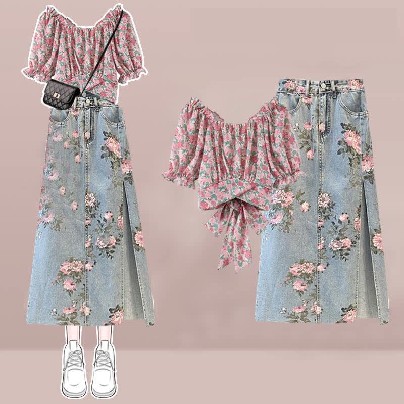 Floral Print Puff Sleeve Lace Up T-Shirt Split Denim Skirt  |   T-Shirts Clothing Green Set