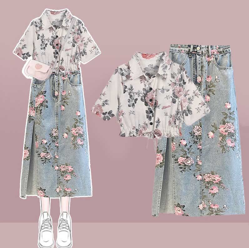 Floral Print Shirt Denim Skirt Two Pieces  |   T-Shirts Clothing Set