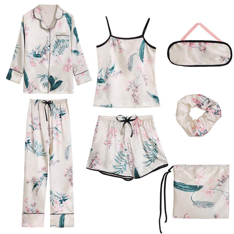 Floral Print Silk Pajamas Seven Pieces Set  |   Pajamas Clothing A