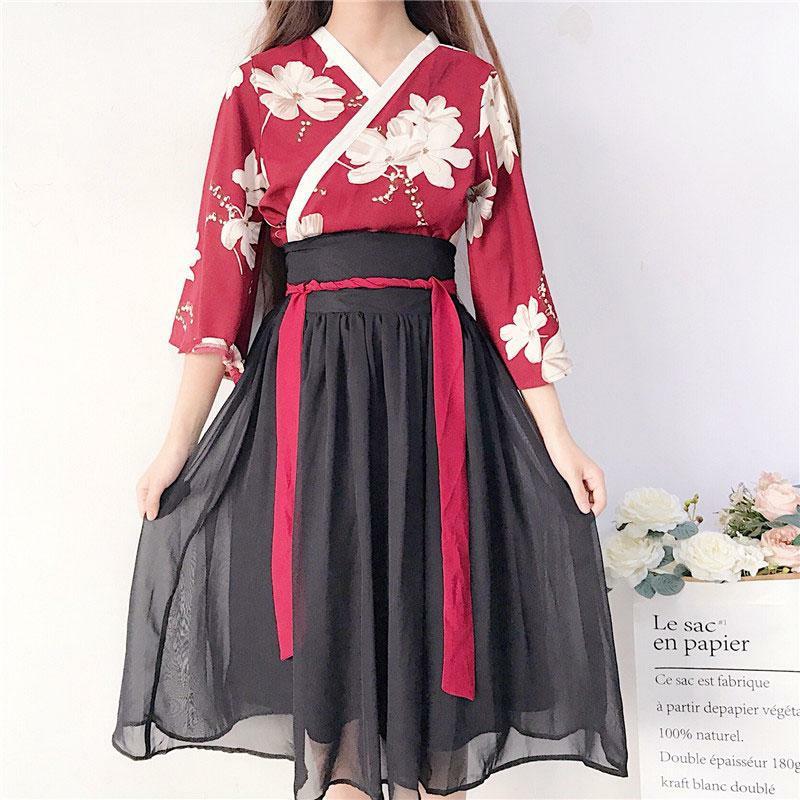 Floral Red Black Han Costume Set  |   Skirts Clothing Red & Black