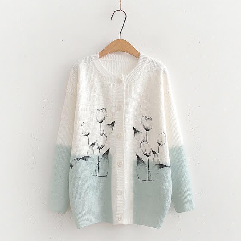 Flower Bamboo Print Colorblock Loose Cardigan Sweater  |   Sweater Clothing Green Bamboo