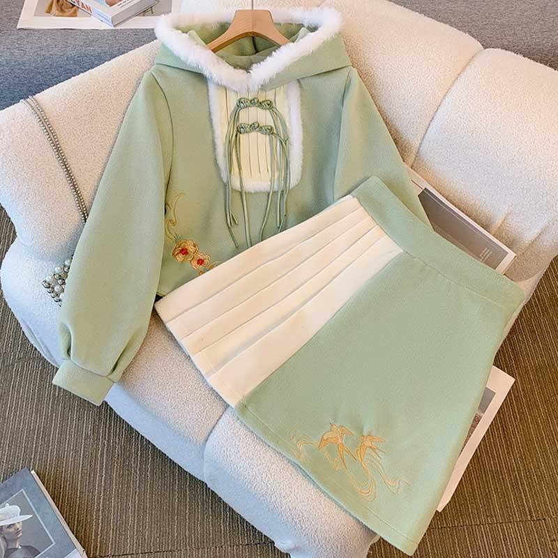 Flower Embroidery Buckle Hooded Sweatshirt Color Block Skirt Two Pieces  |   Sweatshirts & Hoodies Clothing Green Set