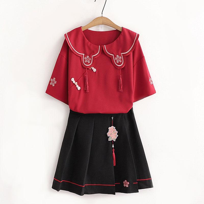 Flower Embroidery Buckle T-Shirt Skirt Set  |   T-Shirts Clothing Black Skirt