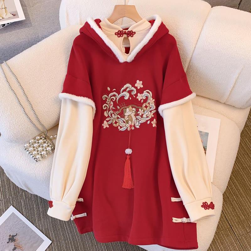 Flower Embroidery Buckle Tassel Hooded Sweatshirt Dress  |   Sweatshirts & Hoodies Clothing Red