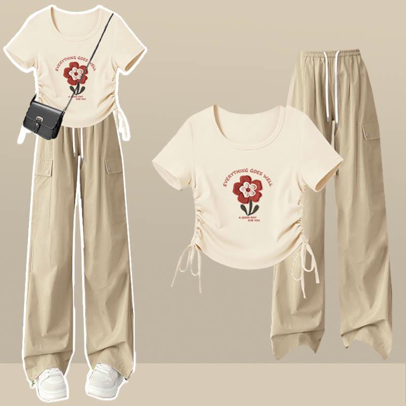 Flower Letter Print Drawstring T-Shirt Cargo Pants Two Pieces Set  |   Pants Clothing Pants