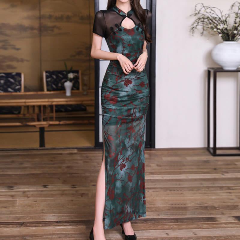 Flower Print Buckle Hollow Out See-Through Cheongsam Split Dress  |   Dresses Clothing Dresses