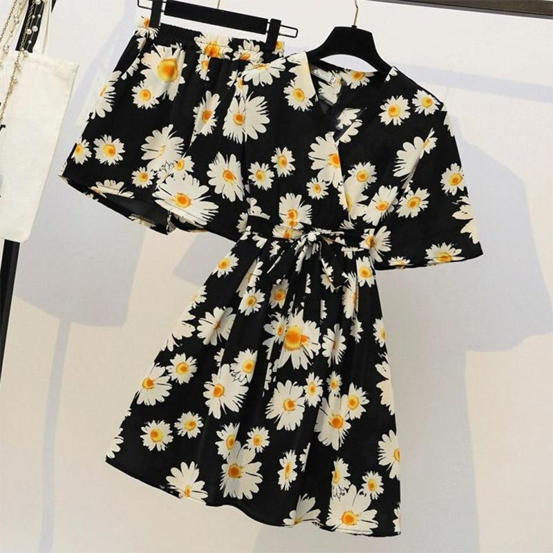 Flower Print Chiffon Dress Shorts Two Piece Set  |   Dresses Clothing A