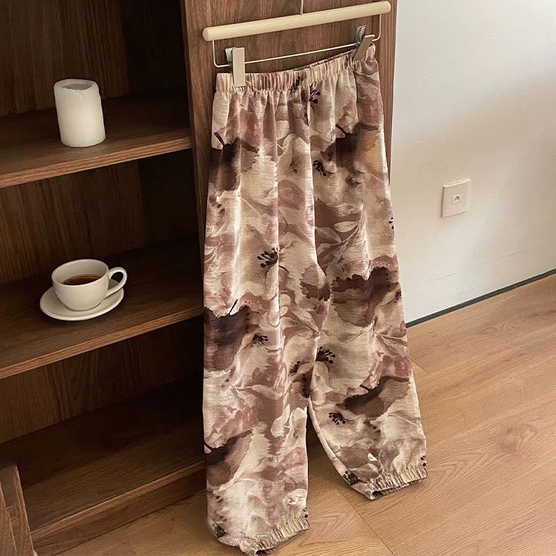 Flower Print High Waist Print Casual Loose Elastic Pants  |   Pants Clothing Brown