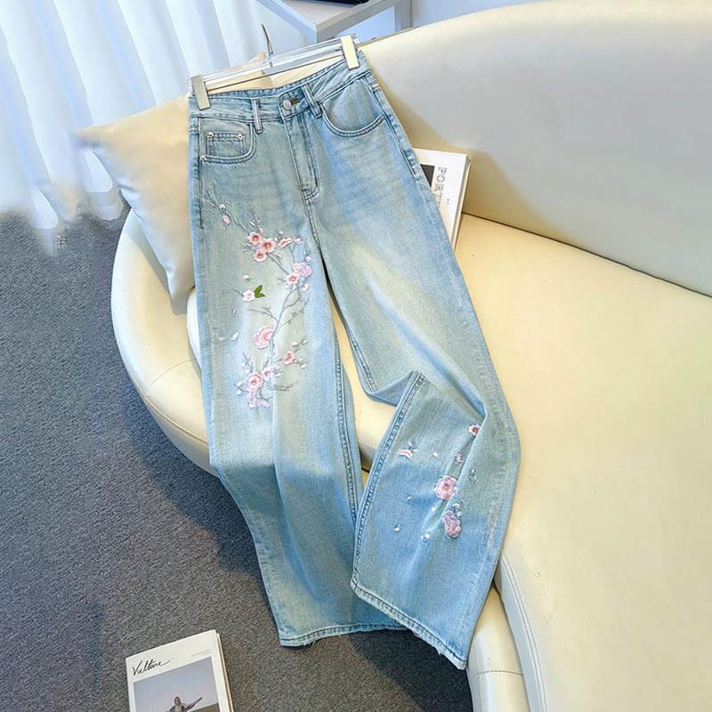 Flowers Embroidery Washed Casual Straight Leg Pants  |   Pants Clothing General