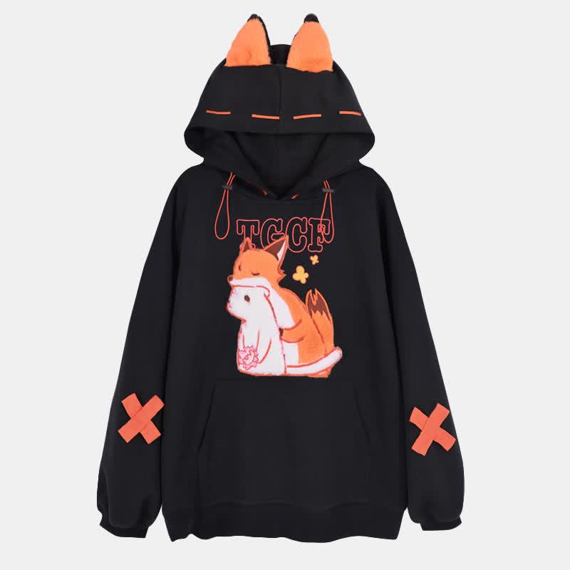 Fox Embroidery Pocket Loose Hoodie  |   Sweatshirts & Hoodies Clothing Black