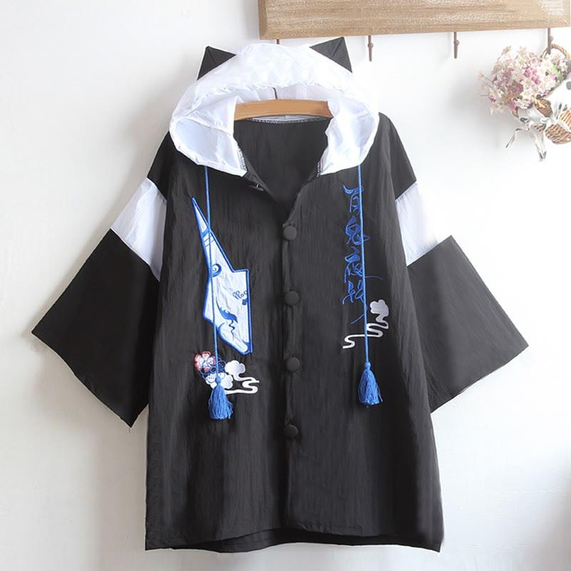 Fox Letter Embroidery Tassel Colorblock Hooded Cloak Coat Tie Shirt  |   Outerwear Clothing Coat