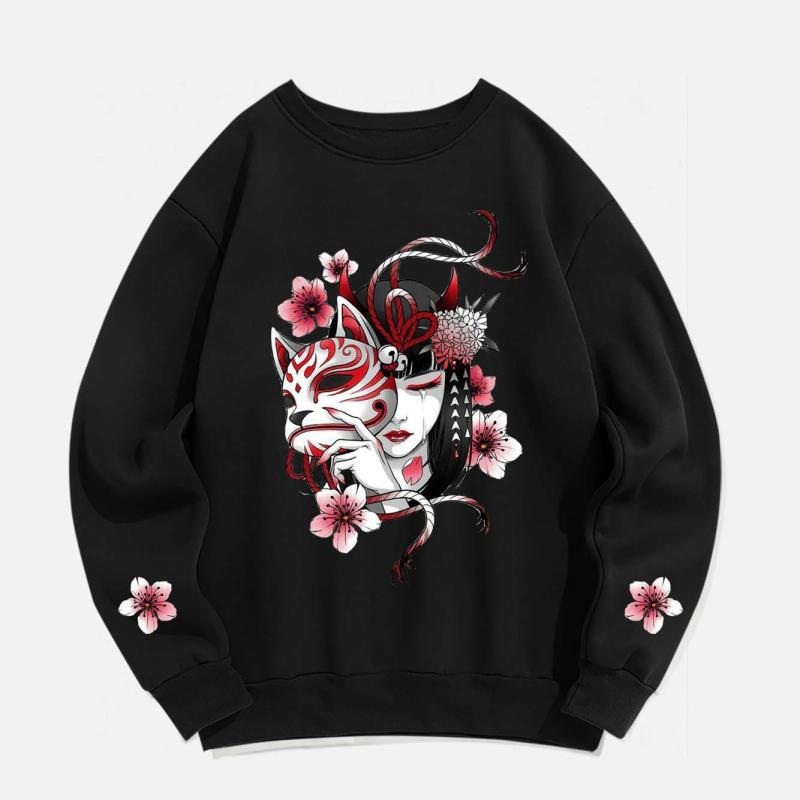 Fox Mask Sakura Anime Print Round Collar Plush Sweatshirt  |   Sweatshirts & Hoodies Clothing Black