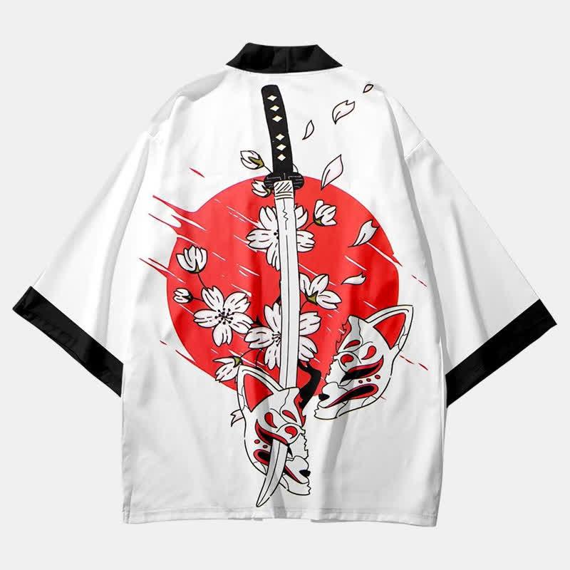 Fox Mask Sakura Sword Print Vintage Cardigan Kimono Outerwear  |   Outerwear Clothing Outerwear