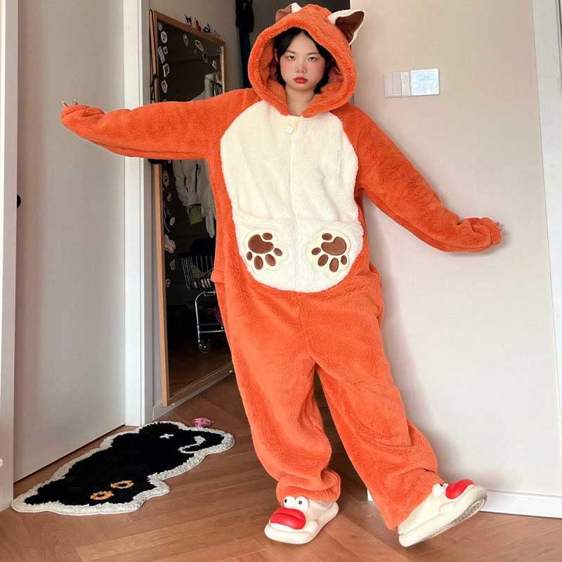 Fox Plush Hooded Pajamas Set  |   Pajamas Clothing Orange