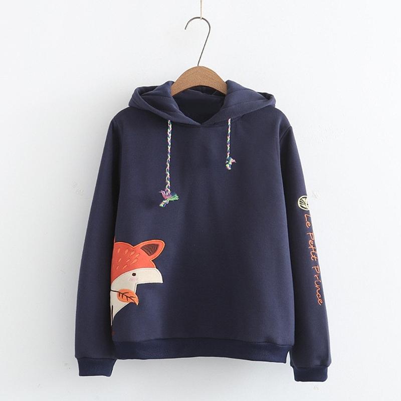 Fox Print Long Sleeve Hoodie  |   Sweatshirts & Hoodies Clothing Blue