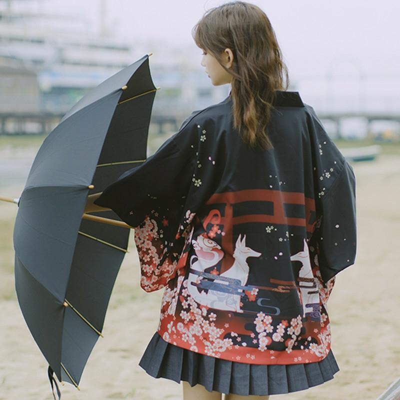 Fox Sakura Print Loose Cardigan Kimono Outerwear  |   Outerwear Clothing Black