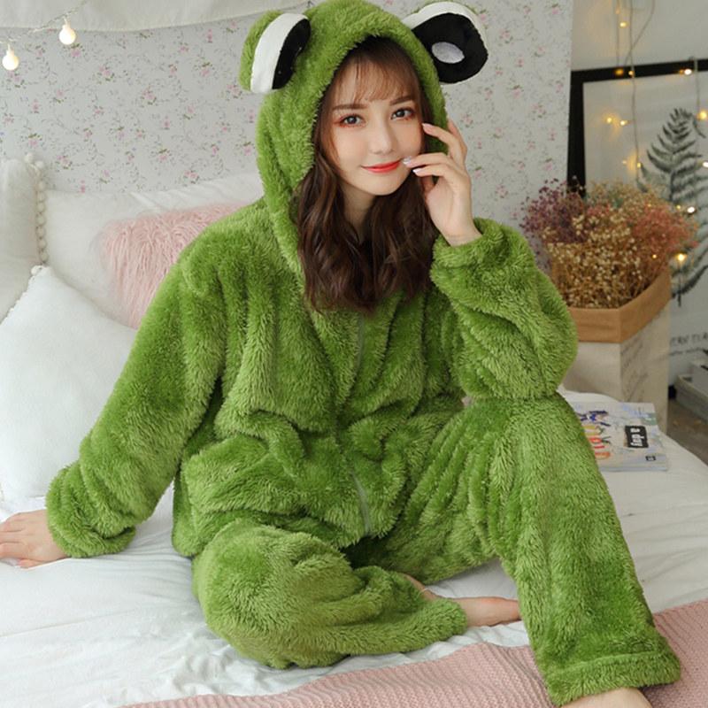 Frog Dinosaur Ears Hooded Plush Pajamas Set  |   Pajamas Clothing Dinosaur