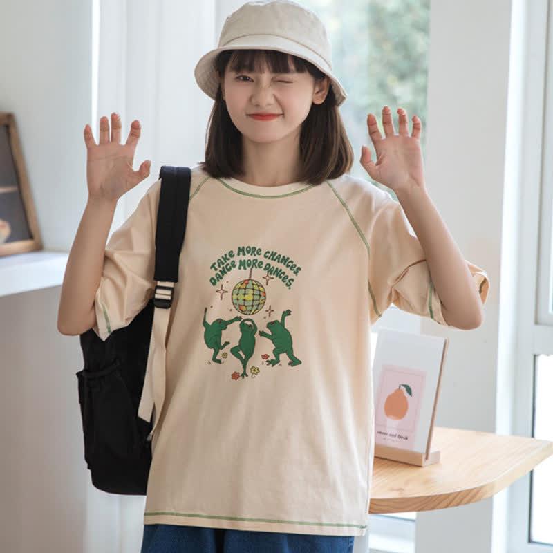 Frog Letter Print Round Collar Casual T-Shirt  |   T-Shirts Clothing Apricot