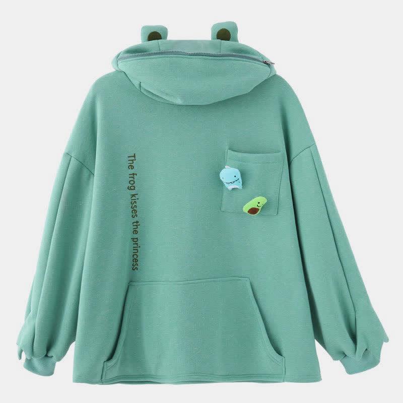 Frog Letter Zipper Pocket Oversized Hoodie The Frog Kisses The Princess  |   Sweatshirts & Hoodies Clothing Black