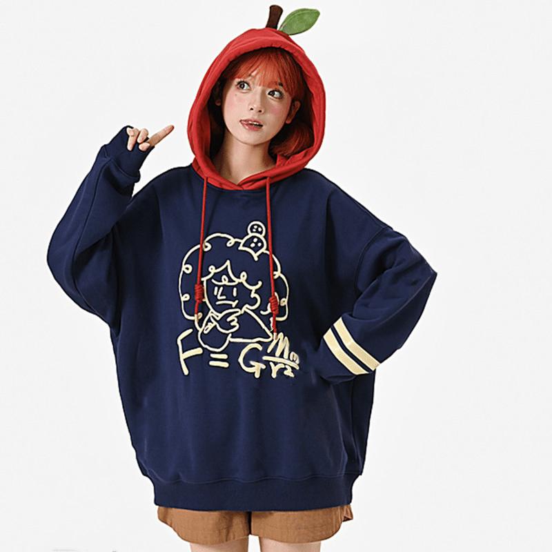 Funny Apple Print Loose Plush Hoodie  |   Sweatshirts & Hoodies Clothing Blue