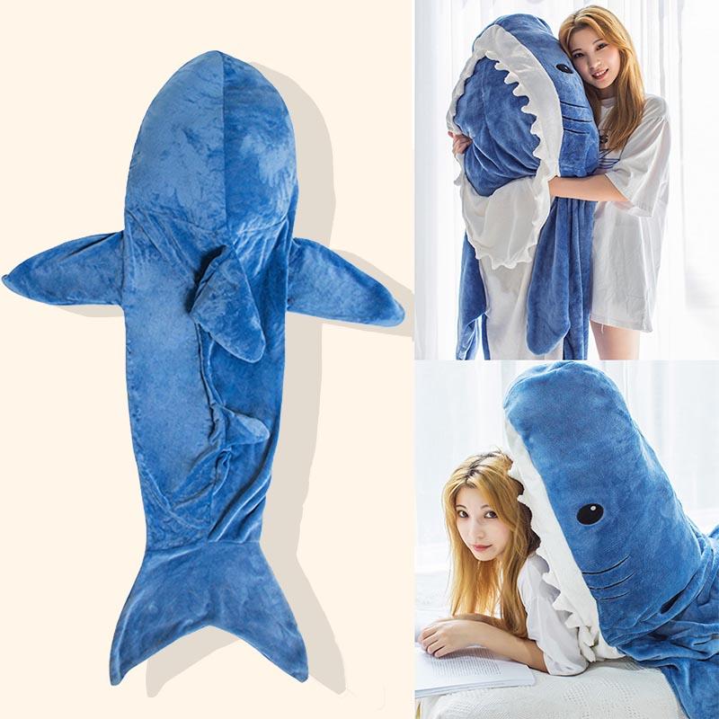 Funny Cartoon Shark Flannel Wearable One-Piece Blanket  |   Pajamas Clothing Blue