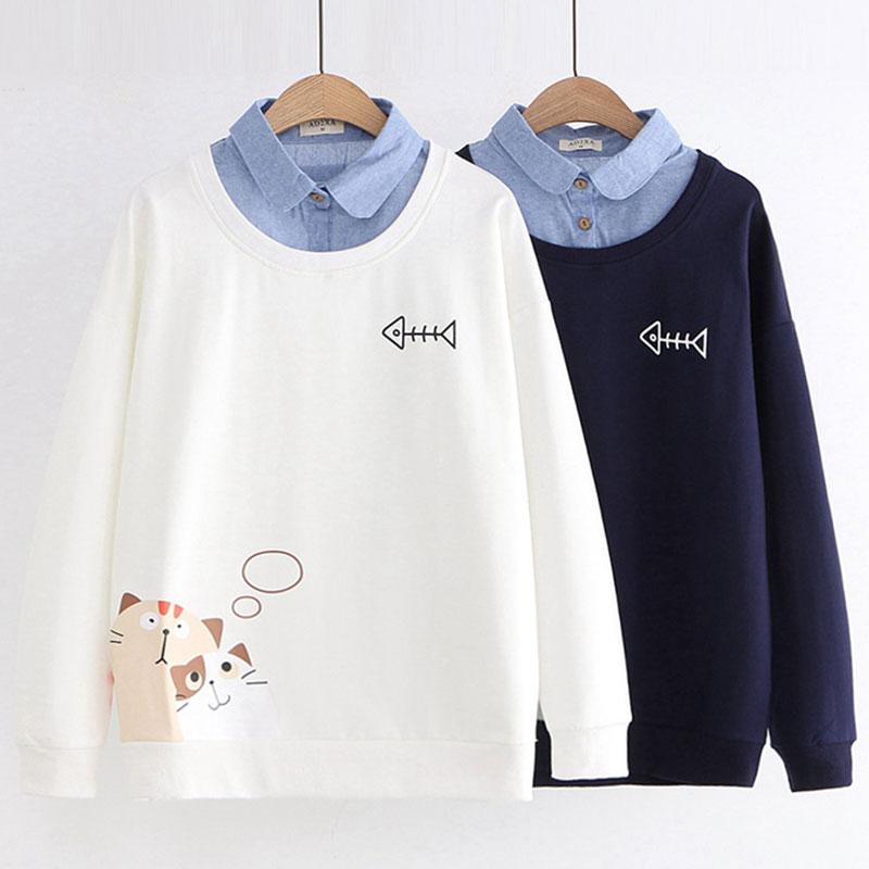 Funny Kitty Print Fake Two Piece Sweatshirt  |   Sweatshirts & Hoodies Clothing Purplish Blue