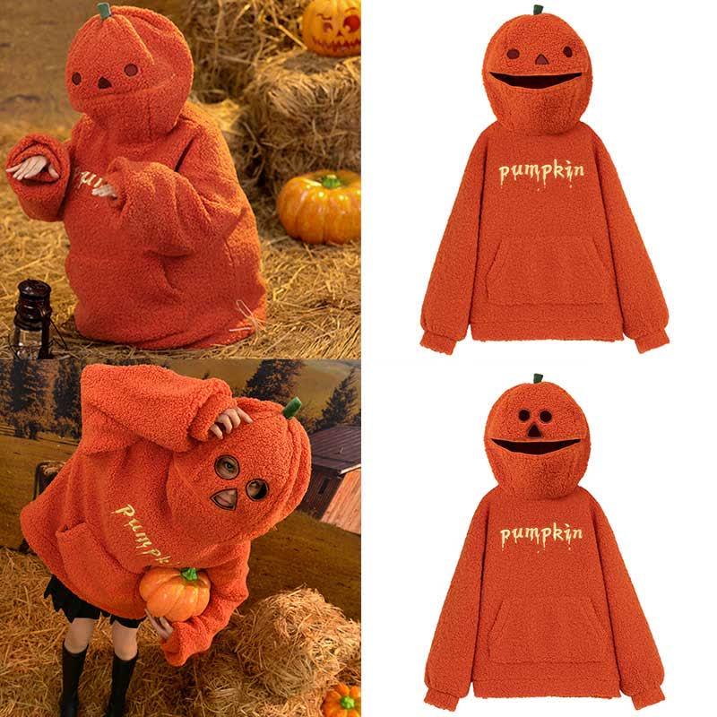 Funny Pumpkin Embroidery Pocketed Plush Hoodie  |   Sweatshirts & Hoodies Clothing Orange A