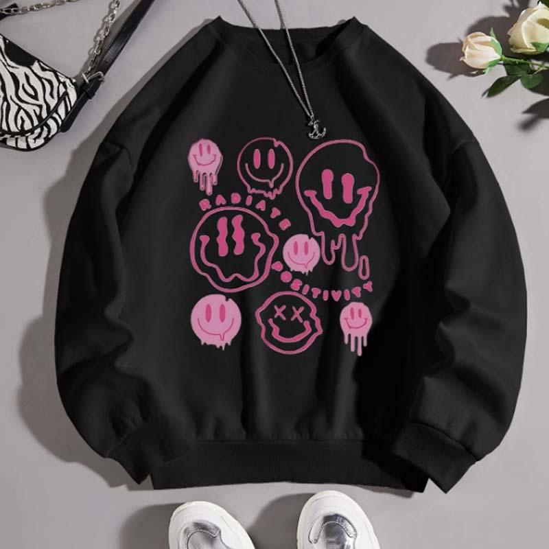 Funny Smiling Face Print Round Collar Plush Sweatshirt  |   Sweatshirts & Hoodies Clothing Black