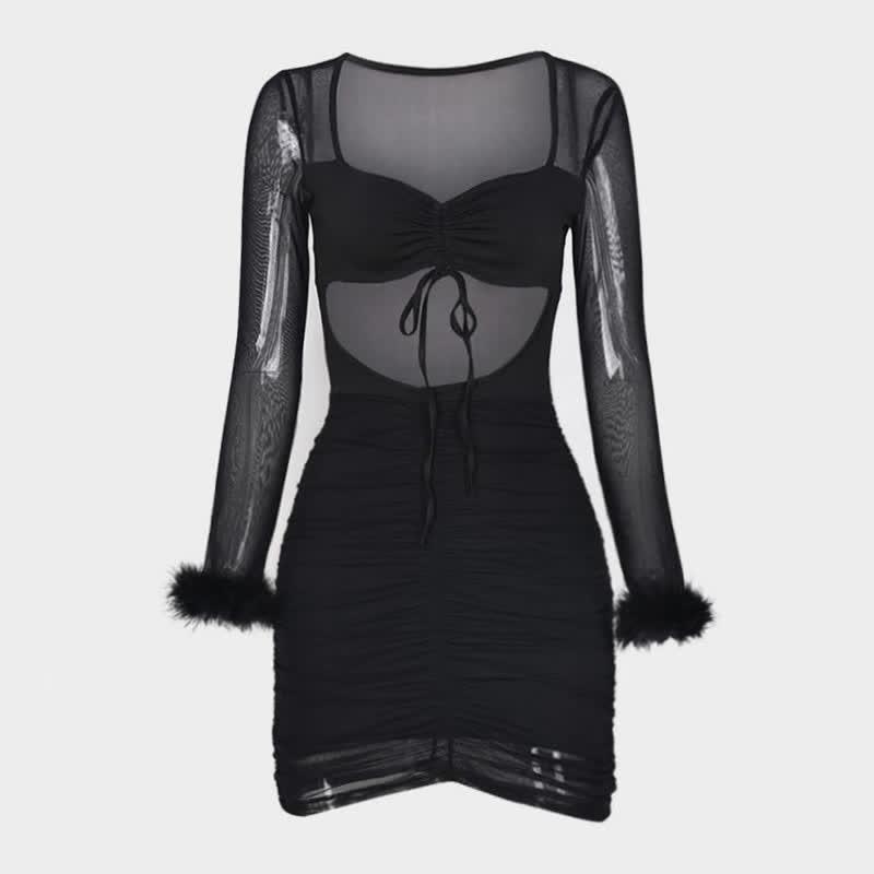 Furry Stitching Ruffled Hollow Lace See-Through Dress  |   Dresses Clothing Black