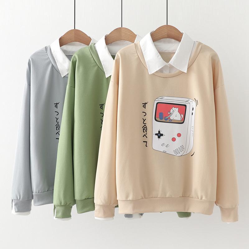 Game Console Print Fake Two-Piece Sweatshirt  |   Sweatshirts & Hoodies Clothing Gray